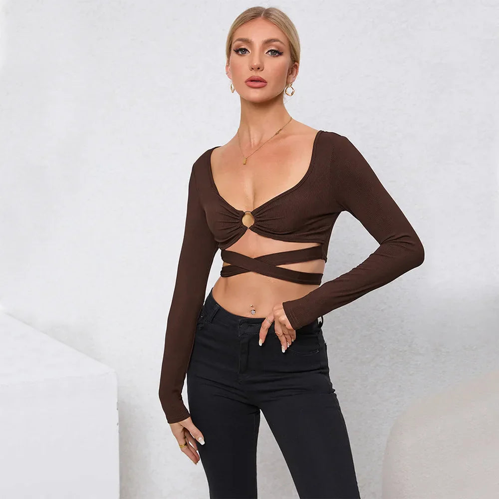 Hollow Slim Autumn and Winter New Long-sleeved Ultra-short Women's Top T-shirt