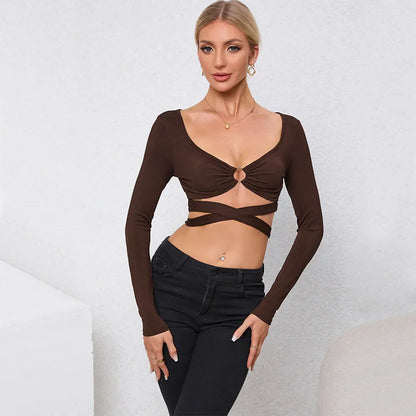 Hollow Slim Autumn and Winter New Long-sleeved Ultra-short Women's Top T-shirt