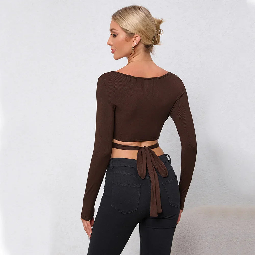 Hollow Slim Autumn and Winter New Long-sleeved Ultra-short Women's Top T-shirt