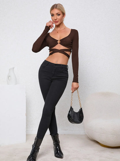 Hollow Slim Autumn and Winter New Long-sleeved Ultra-short Women's Top T-shirt