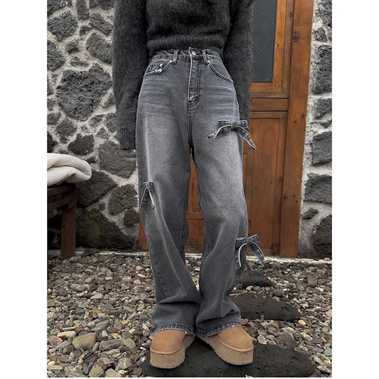 Women's Bow Baggy Korean Cowboy Pants