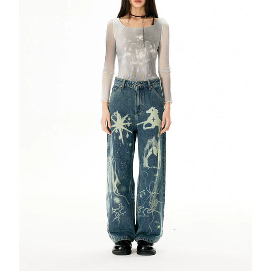 Women's Blue Graphic Print High Waist Denim Pants