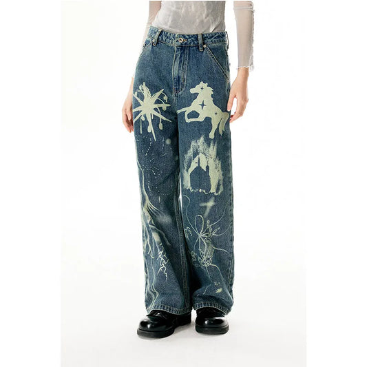 Women's Blue Graphic Print High Waist Denim Pants