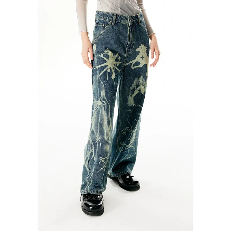 Women's Blue Graphic Print High Waist Denim Pants