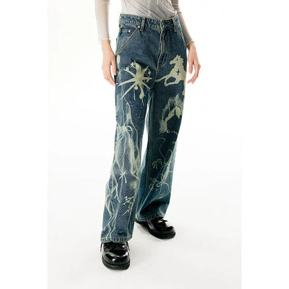 Women's Blue Graphic Print High Waist Denim Pants