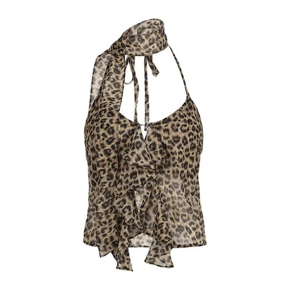 Women’s Chiffon Camisole Crop Top Leopard Y2k Summer Fashion Streetwear Tank Top Female Sexy Sleeveless Tops Off Shoulder Vest