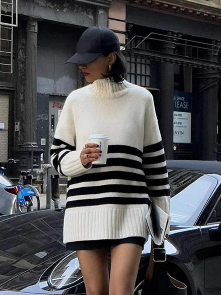 Women's Contrast Stripe Knitted Pullover Elegant Turtleneck Long Sleeve Sweater