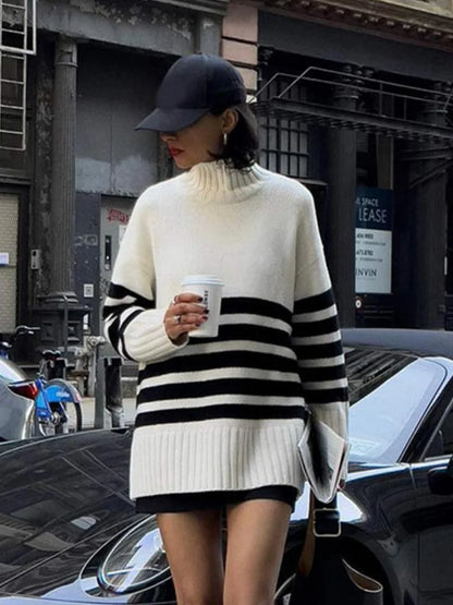 Women's Contrast Stripe Knitted Pullover Elegant Turtleneck Long Sleeve Sweater