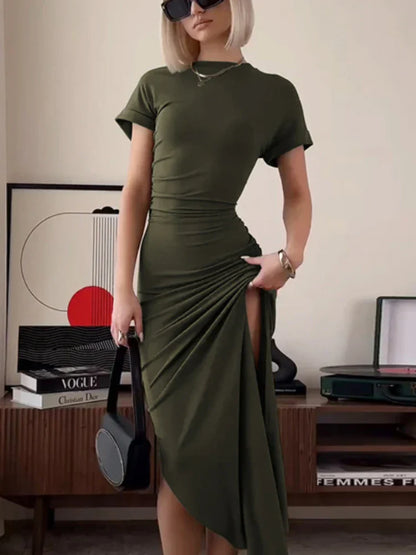 FashionSierra - Women's O Neck Short Sleeve Slim High Waist Shirring Sexy Side Slit Evening Club Bodycon Lady Casual Dress