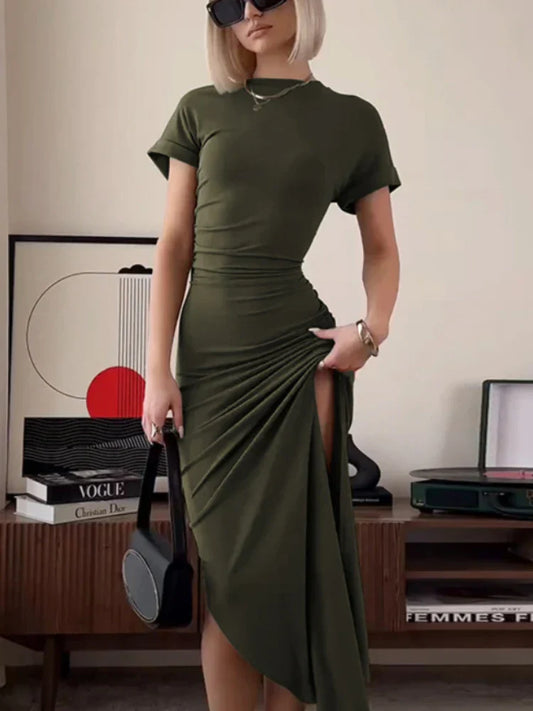 FashionSierra - Women's O Neck Short Sleeve Slim High Waist Shirring Sexy Side Slit Evening Club Bodycon Lady Casual Dress