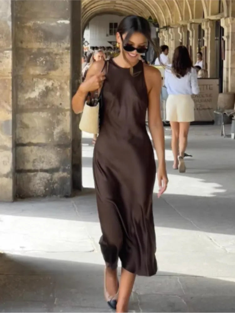 Women&#8217;s Elegant Satin Sleeveless Midi Dress Fashion Solid Color O Neck Slim Fit Dresses Female Stylish Street Party Vestido 2025