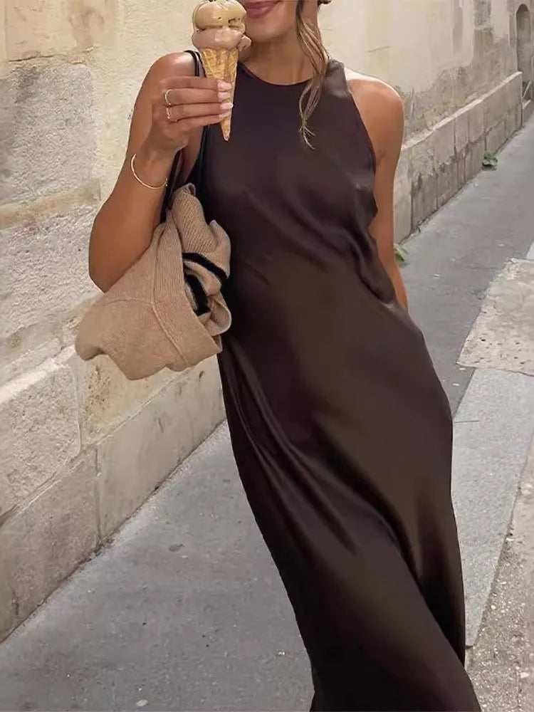 Women&#8217;s Elegant Satin Sleeveless Midi Dress Fashion Solid Color O Neck Slim Fit Dresses Female Stylish Street Party Vestido 2025