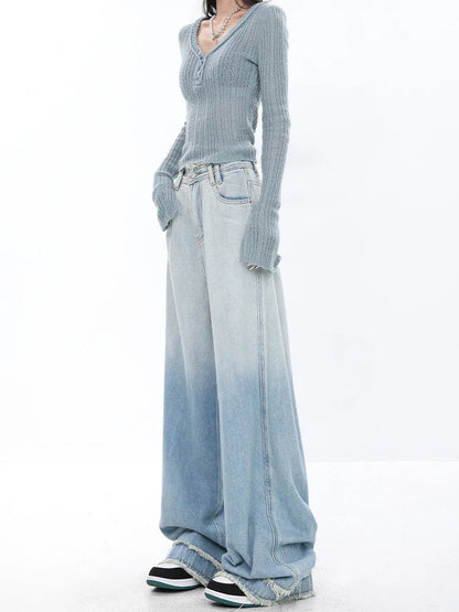 Light Blue Vintage Street Style Wide Leg Jeans