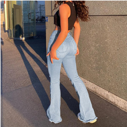 Retro Stretch Flared Knee Hole Denim Jeans