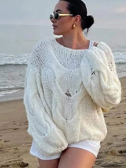 Women's Hollow Out Knitted Loose Pullover Chic Round Neck Lantern Long Sleeve Sweater