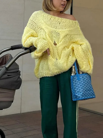 Women's Hollow Out Knitted Loose Pullover Chic Round Neck Lantern Long Sleeve Sweater