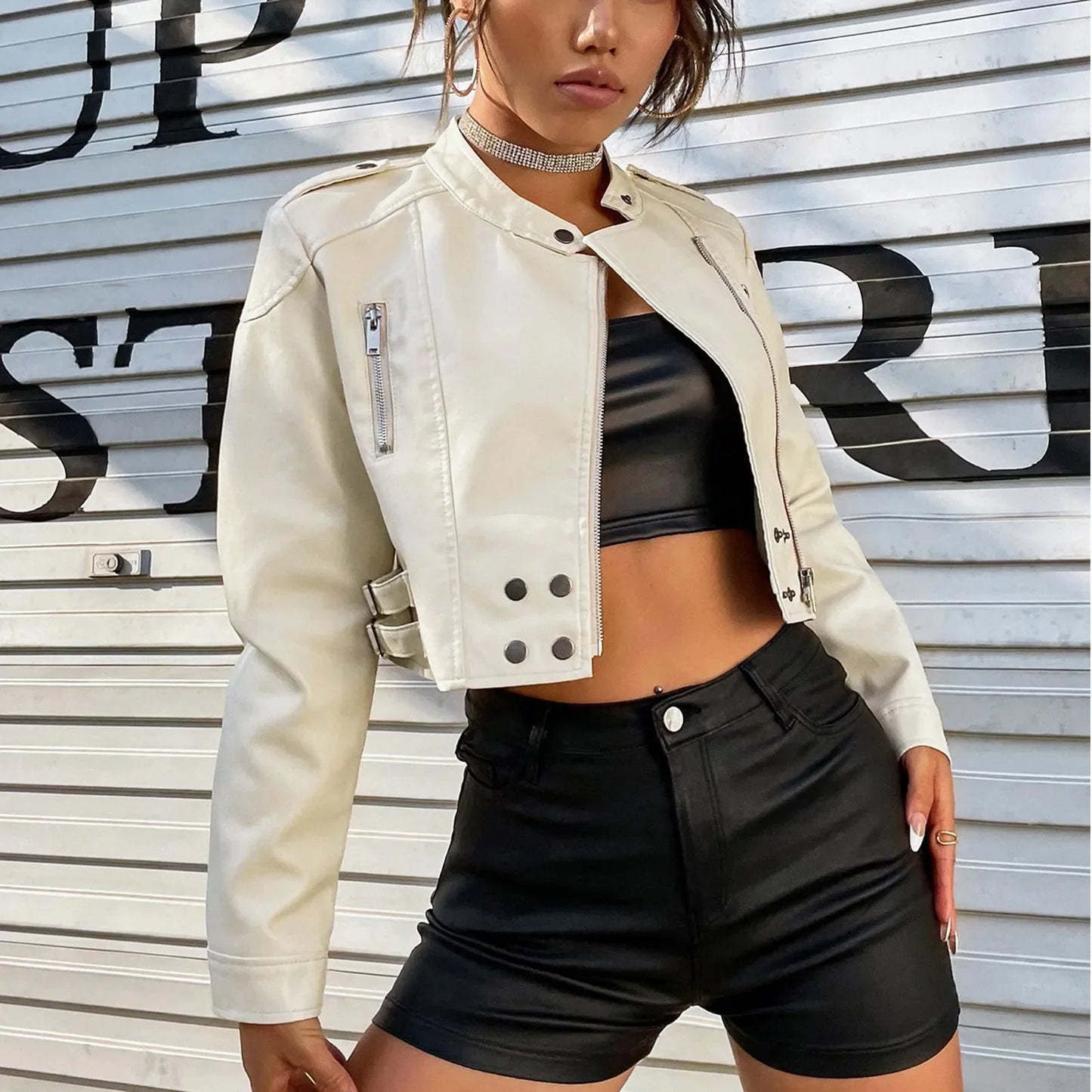 Outerwear Windbreaker Black Leather Scrub Zip Women's Jacket