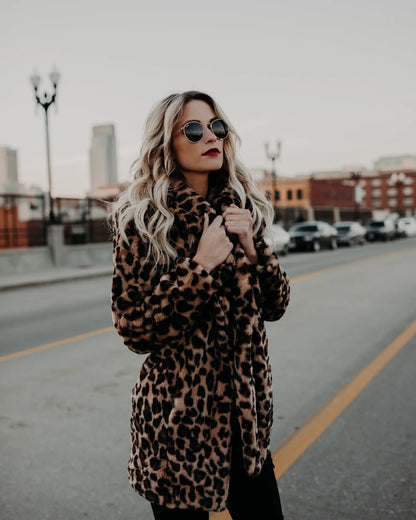 Leopard Lapel Fur Warm Medium Length Elegant Female Coats Jacket