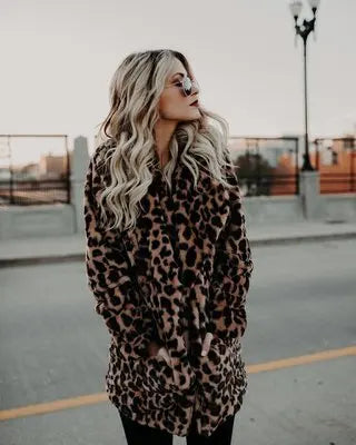 Leopard Lapel Fur Warm Medium Length Elegant Female Coats Jacket