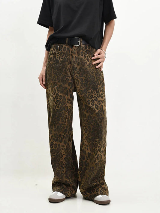 Retro Street Style Wide Leg Leopard Print Jeans