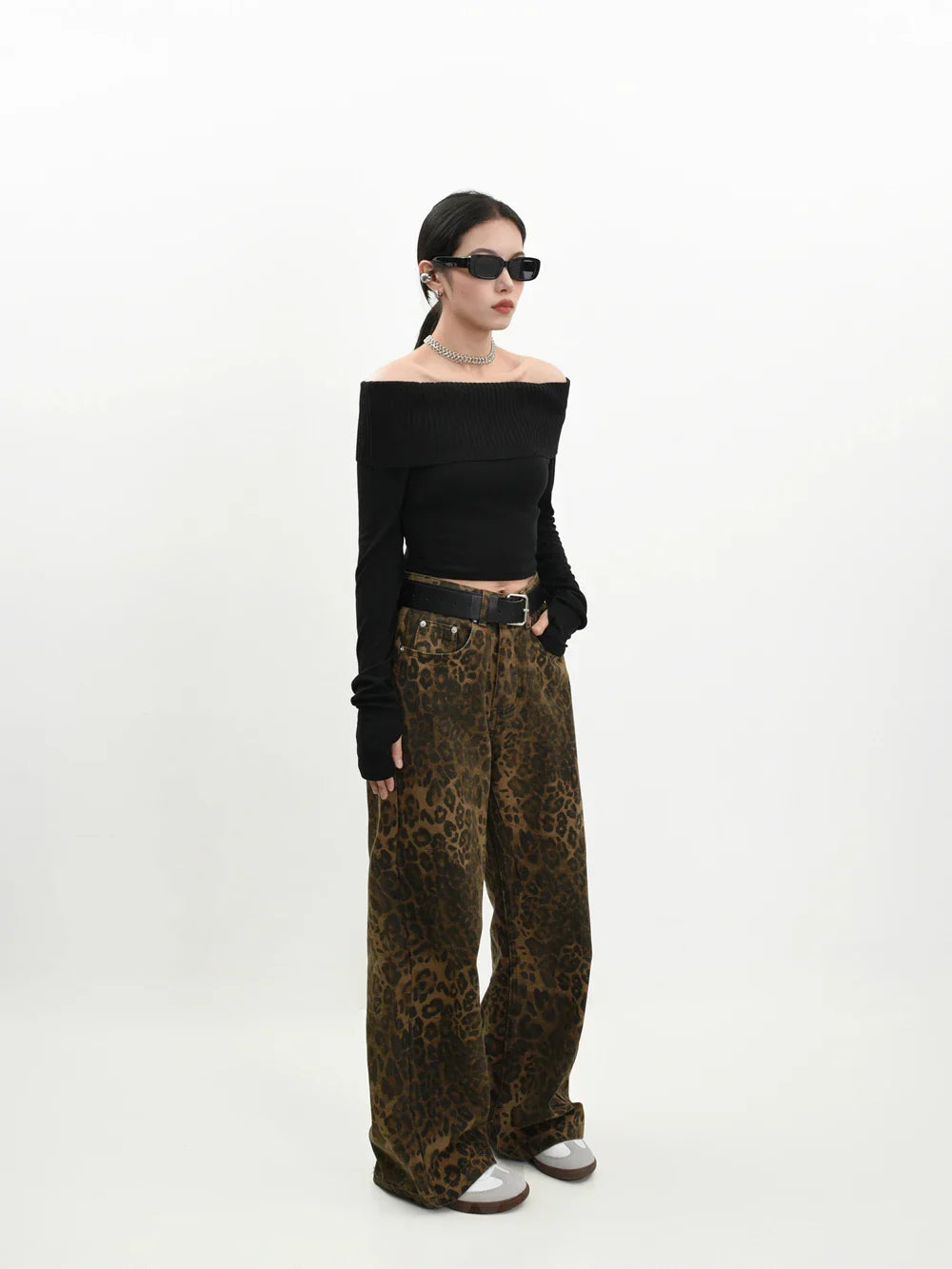 Retro Street Style Wide Leg Leopard Print Jeans