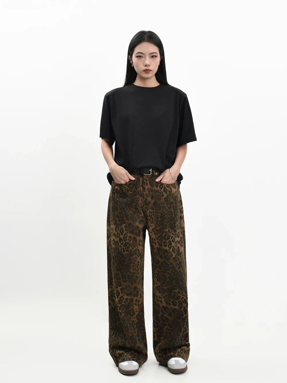 Retro Street Style Wide Leg Leopard Print Jeans
