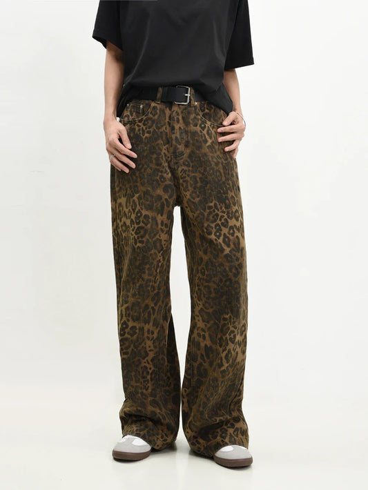 Retro Street Style Wide Leg Leopard Print Jeans