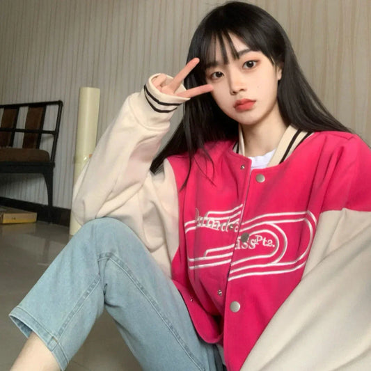Women's Letter Embroidery Baseball Jacket Block Vintage Harajuku 2025 Spring Oversized V-Neck Streetwear Coat