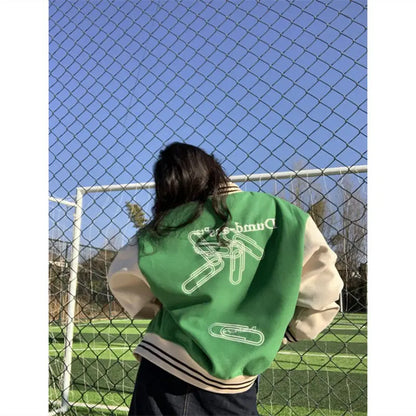 Women's Letter Embroidery Baseball Jacket Block Vintage Harajuku 2025 Spring Oversized V-Neck Streetwear Coat