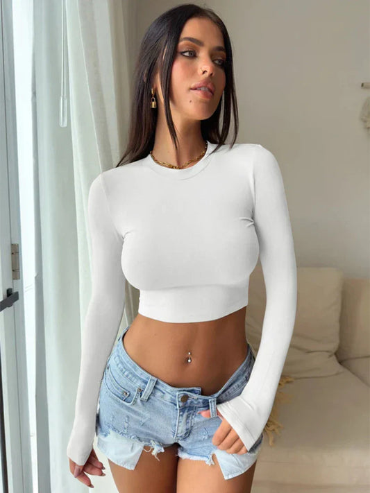 Long Sleeve Crop Autumn Slim Fit Pullovers Casual Round Neck Women's T-shirt