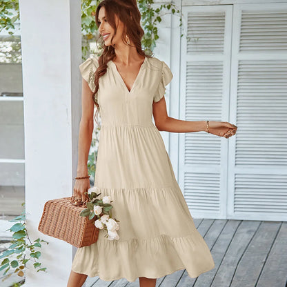 Flying V Neck Midi Dress