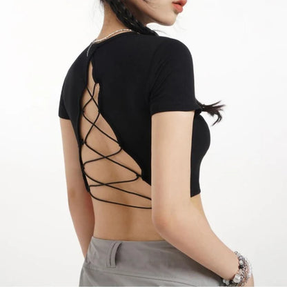 Women’s O-neck Backless T-shirt Short Sleeve Solid Color Crop Top Summer Cute Baby Tee Y2K Clothes Skinny Tunics Fashion Tops