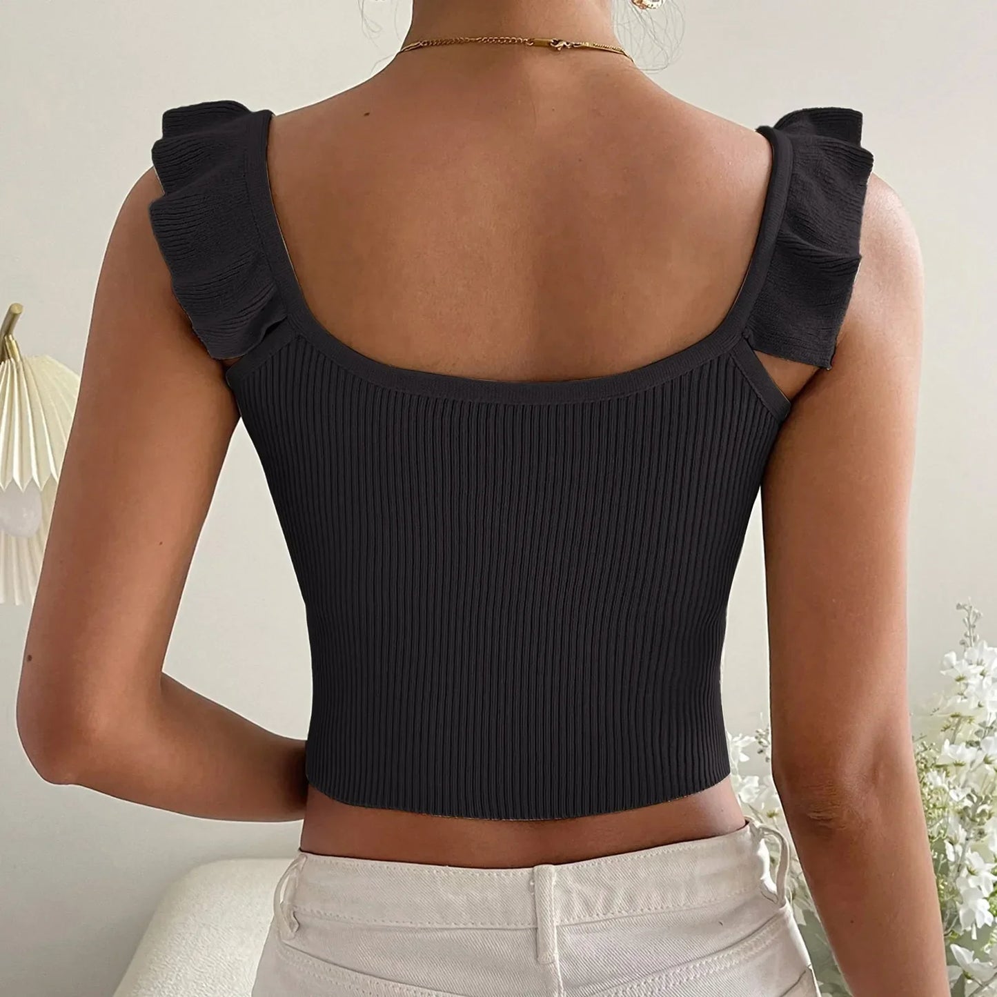 Ruffles Sleeveless Solid Fashion Backless Knitted Hot Women's Crop Cami Top