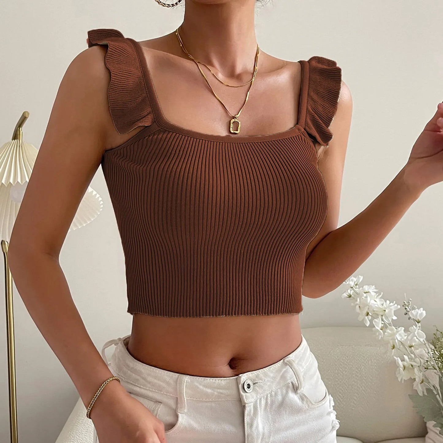 Ruffles Sleeveless Solid Fashion Backless Knitted Hot Women's Crop Cami Top