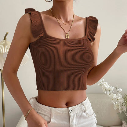 Ruffles Sleeveless Solid Fashion Backless Knitted Hot Women's Crop Cami Top