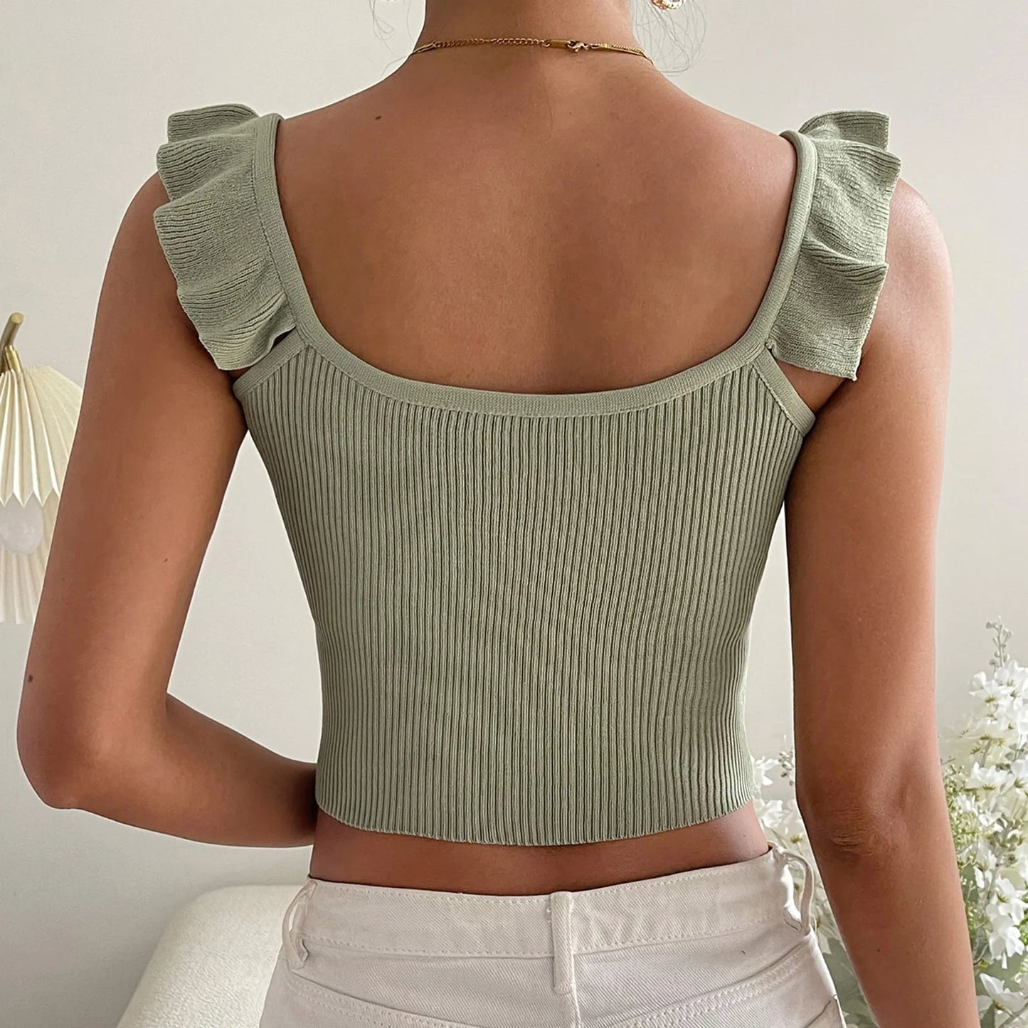 Ruffles Sleeveless Solid Fashion Backless Knitted Hot Women's Crop Cami Top