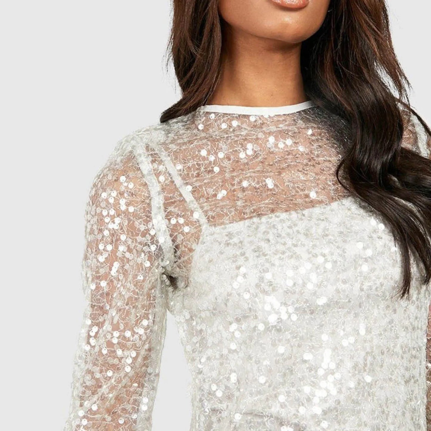 FashionSierra - Sequined See Through Mesh Long Sleeve Mini Solid Color Elegant Fashion Short Female Party Club Dress