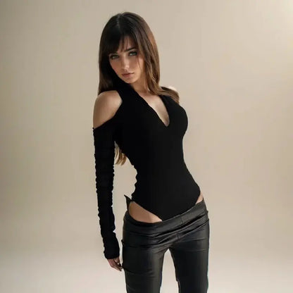 Women’s Sexy Hollow Bodysuit Long Sleeved Off-Shoulder Tops Solid Color Fashion Hanging Neck Collar Jumpsuit Bottoming Clothes
