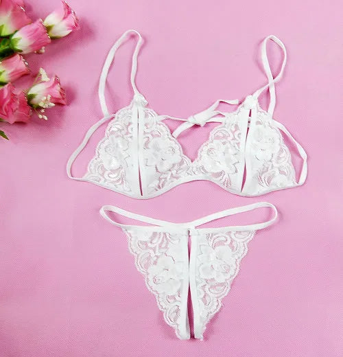 Women’s Sexy Lingerie hot erotic lingerie Transparent Open File Milk Lace Sexy Underwear Bra + T Pants Exotic Apparel