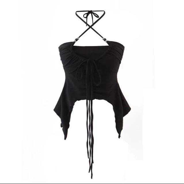 Women’s Sexy Punk Lace Up Crop Top Backless Camisole Summer Vest Fashion Club Wear Black Tank Tops Y2K Clothing