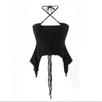 Women’s Sexy Punk Lace Up Crop Top Backless Camisole Summer Vest Fashion Club Wear Black Tank Tops Y2K Clothing