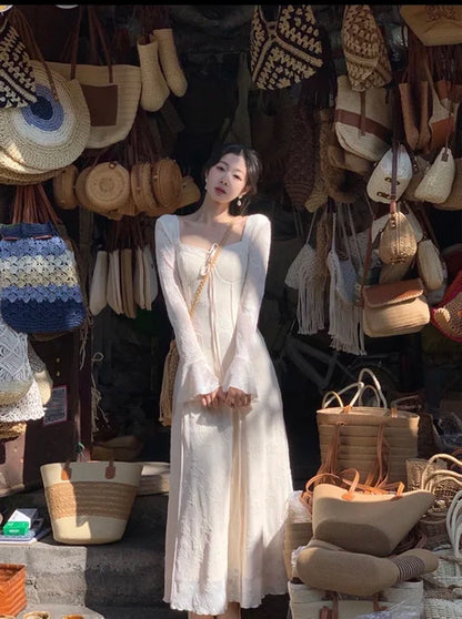 Women&#8217;s Solid Midi Dress Flare Sleeves Square Collar A-Line Lace Up Autumn Spring French Elegant Vintage Prom Robe Vestidos New