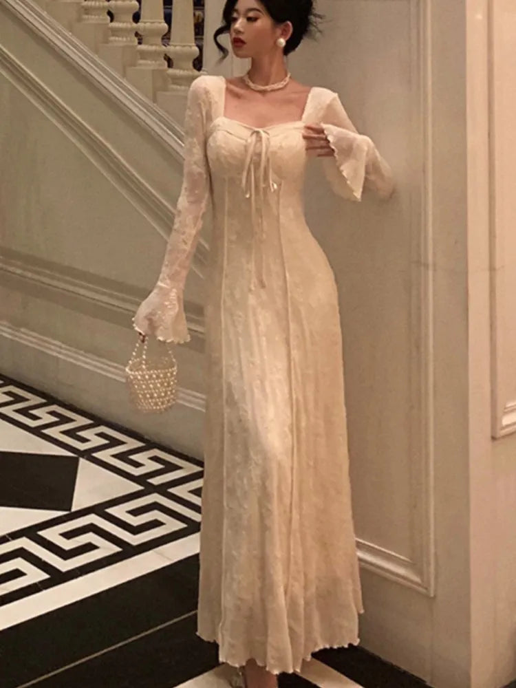 Women&#8217;s Solid Midi Dress Flare Sleeves Square Collar A-Line Lace Up Autumn Spring French Elegant Vintage Prom Robe Vestidos New