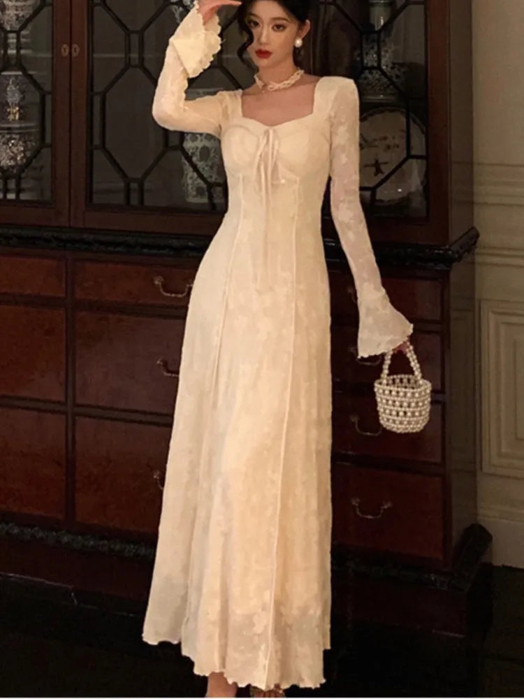 Women&#8217;s Solid Midi Dress Flare Sleeves Square Collar A-Line Lace Up Autumn Spring French Elegant Vintage Prom Robe Vestidos New