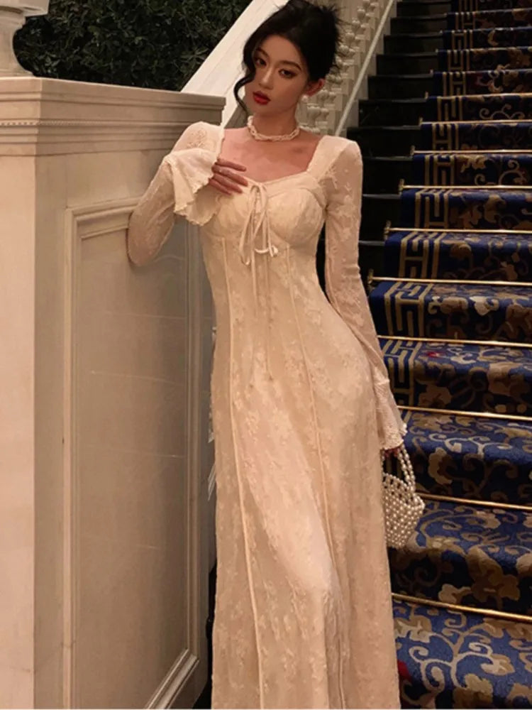 Women&#8217;s Solid Midi Dress Flare Sleeves Square Collar A-Line Lace Up Autumn Spring French Elegant Vintage Prom Robe Vestidos New