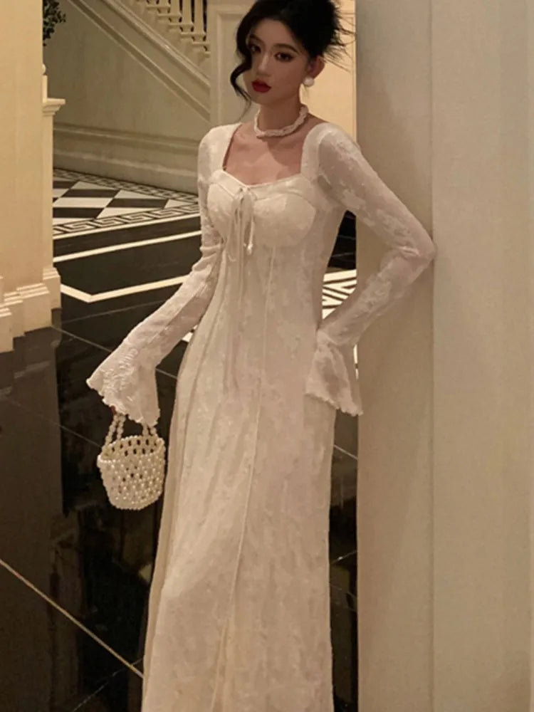 Women&#8217;s Solid Midi Dress Flare Sleeves Square Collar A-Line Lace Up Autumn Spring French Elegant Vintage Prom Robe Vestidos New