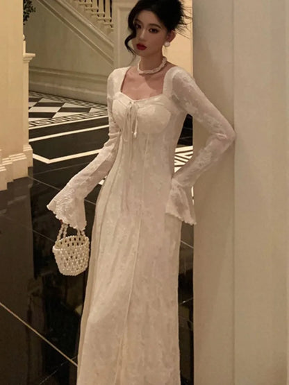 Women&#8217;s Solid Midi Dress Flare Sleeves Square Collar A-Line Lace Up Autumn Spring French Elegant Vintage Prom Robe Vestidos New