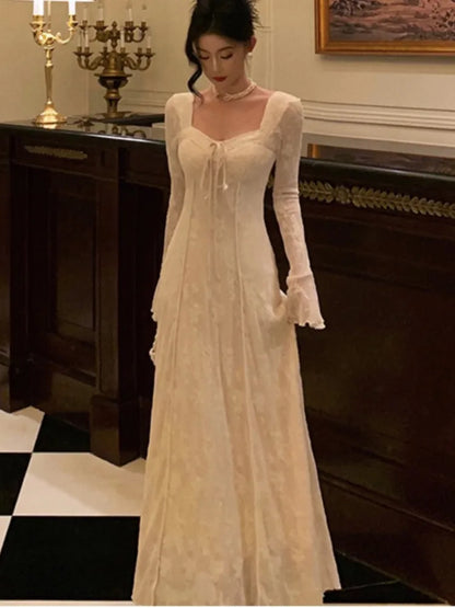 Women&#8217;s Solid Midi Dress Flare Sleeves Square Collar A-Line Lace Up Autumn Spring French Elegant Vintage Prom Robe Vestidos New