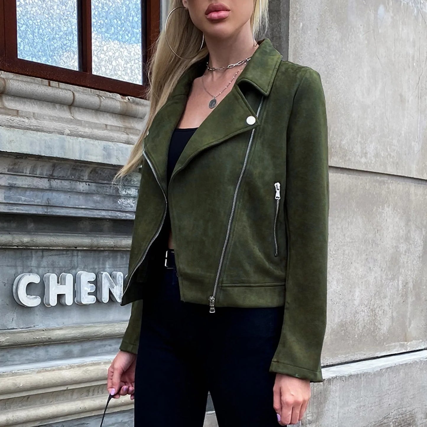 Lapel Zipper Short High Street Motorcycle Chic Long Sleeved Jacket