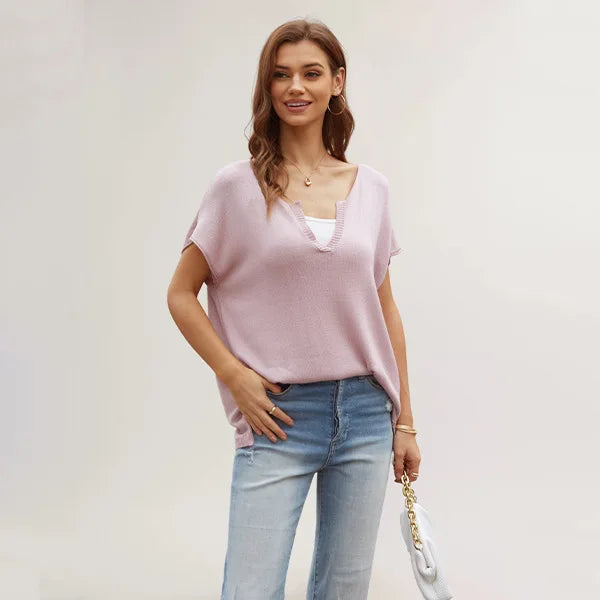 Color Slit Loose Large Size Pullover Spring Women's Short Sleeve V-neck Sweater T-shirt